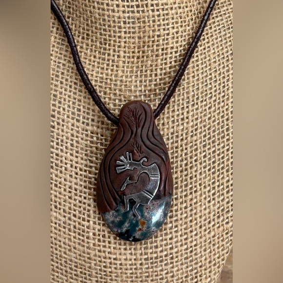 Hand Crafted Jewelry - Kokopelli On Australian Opal Gemstone Pendant On Leather Cord NEW!